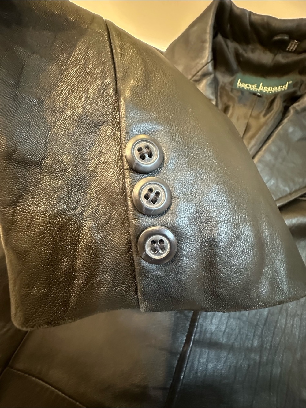 Vintage Harvé Benard Black Genuine Leather Mid-Length Car Coat Jacket Large - Picture 13 of 15
